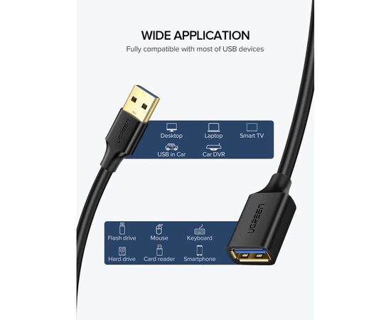 Дата кабель USB 3.0 AM/AF 1.0m US129 black Ugreen (10368), изображение 3 Дата кабель USB 3.0 AM/AF 1.0m US129 black Ugreen (10368), изображение 3