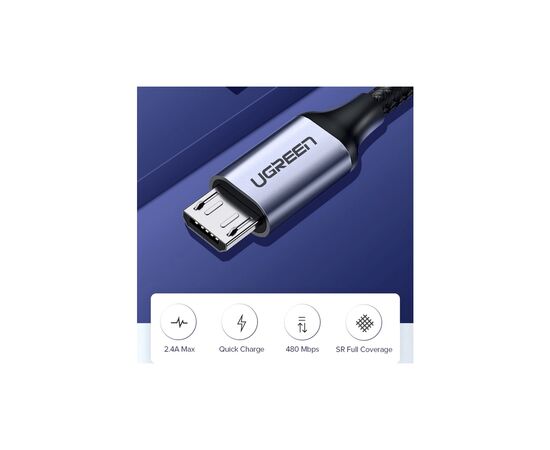 Дата кабель USB 2.0 AM to Micro 5P 1.5m 2A US290 black Ugreen (60147), изображение 3 Дата кабель USB 2.0 AM to Micro 5P 1.5m 2A US290 black Ugreen (60147), изображение 3