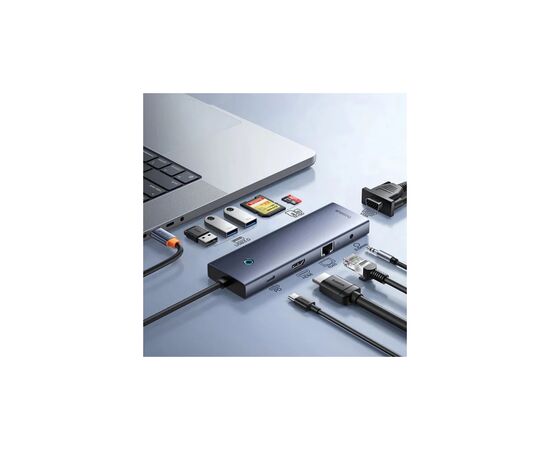 Концентратор Baseus USB-C 10-in-1 HDMI 4K60Hz + VGA + 3xUSB 3.0 + PD + RJ45 1000Mbps + SD/TF + 3.5mm gray (B0005280C811-00), изображение 7 Концентратор Baseus USB-C 10-in-1 HDMI 4K60Hz + VGA + 3xUSB 3.0 + PD + RJ45 1000Mbps + SD/TF + 3.5mm gray (B0005280C811-00), изображение 7