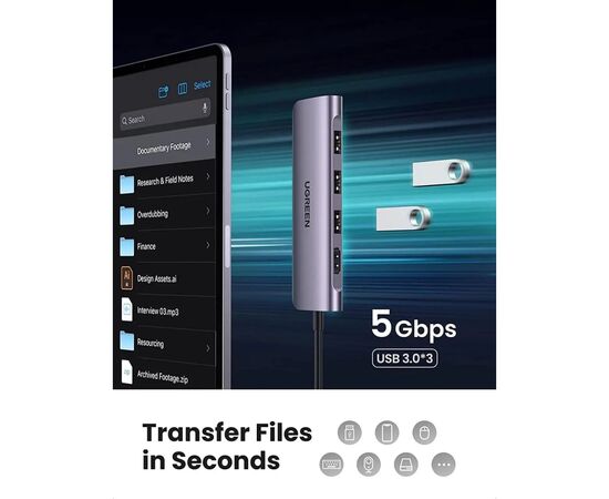 Концентратор Ugreen USB-C to 3xUSB 3.0 + HDMI + SD/TF CM195 gray (70410), изображение 6 Концентратор Ugreen USB-C to 3xUSB 3.0 + HDMI + SD/TF CM195 gray (70410), изображение 6