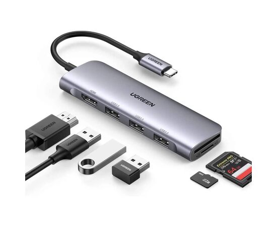 Концентратор Ugreen USB-C to 3xUSB 3.0 + HDMI + SD/TF CM195 gray (70410) Концентратор Ugreen USB-C to 3xUSB 3.0 + HDMI + SD/TF CM195 gray (70410)