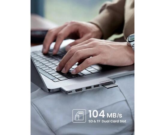 Концентратор Ugreen 2xUSB-C to HDMI + 2xUSB 3.0 + SD/TF + USB-C CM380 gray (80856), изображение 6 Концентратор Ugreen 2xUSB-C to HDMI + 2xUSB 3.0 + SD/TF + USB-C CM380 gray (80856), изображение 6