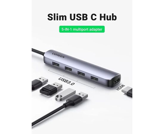 Концентратор Ugreen USB-C to 4xUSB 3.0 + HDMI CM417 gray (20197), изображение 3 Концентратор Ugreen USB-C to 4xUSB 3.0 + HDMI CM417 gray (20197), изображение 3