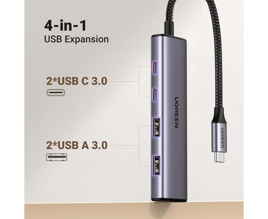 Концентратор Ugreen USB-C to 2xUSB 3.0 + 2xUSB-C CM473 gray (15395), изображение 2 Концентратор Ugreen USB-C to 2xUSB 3.0 + 2xUSB-C CM473 gray (15395), изображение 2