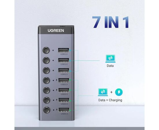 Концентратор Ugreen USB 3.0 to 7xUSB 3.0 with power supply CM481 gray (90307), изображение 3 Концентратор Ugreen USB 3.0 to 7xUSB 3.0 with power supply CM481 gray (90307), изображение 3