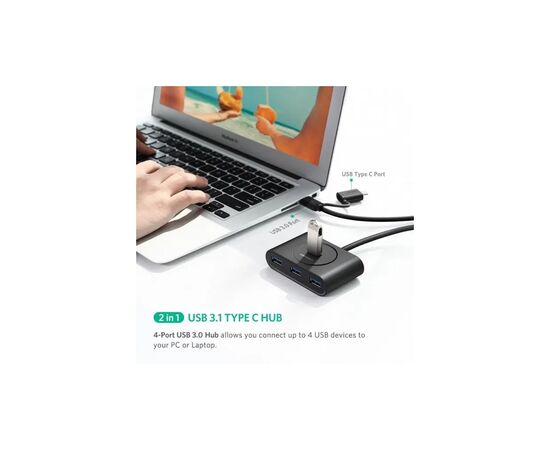 Концентратор Ugreen USB 3.0 to 4xUSB + USB-C plug 1.0m CR113 black (40850), изображение 3 Концентратор Ugreen USB 3.0 to 4xUSB + USB-C plug 1.0m CR113 black (40850), изображение 3