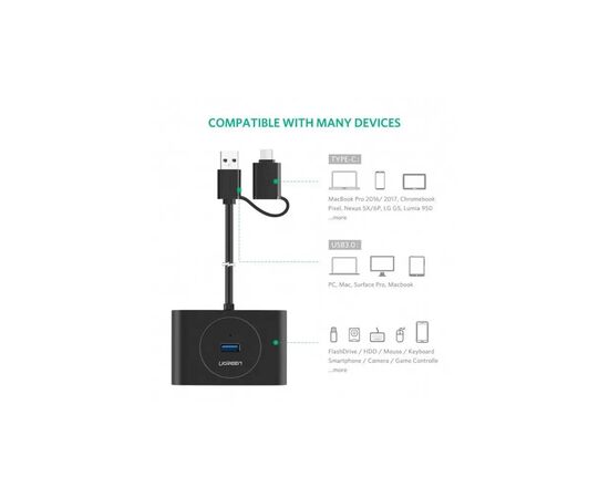 Концентратор Ugreen USB 3.0 to 4xUSB + USB-C plug 1.0m CR113 black (40850), изображение 7 Концентратор Ugreen USB 3.0 to 4xUSB + USB-C plug 1.0m CR113 black (40850), изображение 7