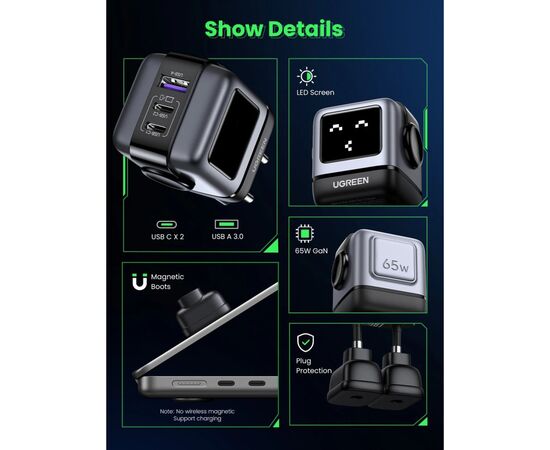 Зарядное устройство Ugreen 1xUSB + 2xUSB-C 65W GaN CD361 gray (25685B), изображение 5 Зарядное устройство Ugreen 1xUSB + 2xUSB-C 65W GaN CD361 gray (25685B), изображение 5