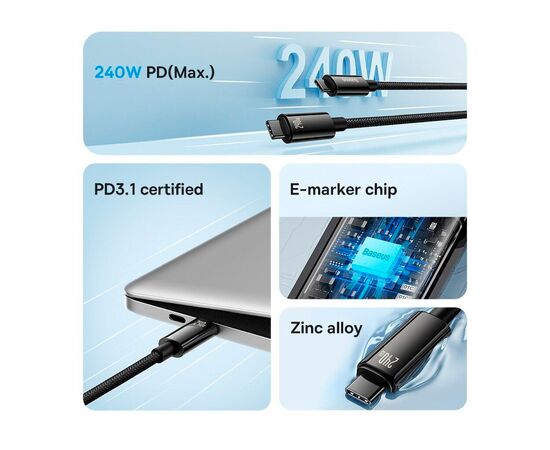 Дата кабель USB-C to USB-C 1.0m 240W Black Baseus (CAWJ040001), зображення 8 Дата кабель USB-C to USB-C 1.0m 240W Black Baseus (CAWJ040001), зображення 8