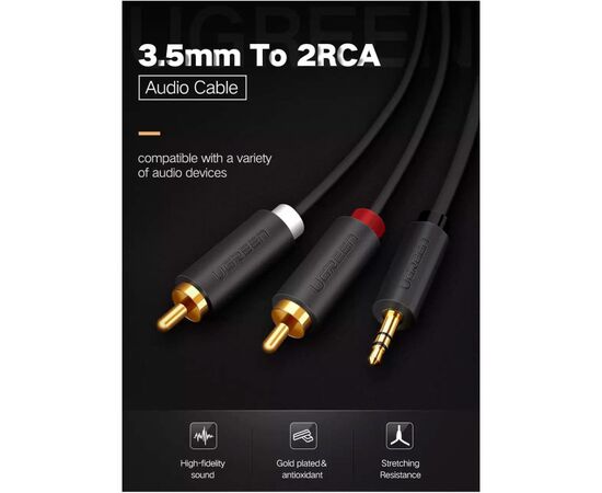 Кабель мультимедийный 3.5mm M to 2xRCA M 2.0m AV102 black Ugreen (10510), изображение 4 Кабель мультимедийный 3.5mm M to 2xRCA M 2.0m AV102 black Ugreen (10510), изображение 4