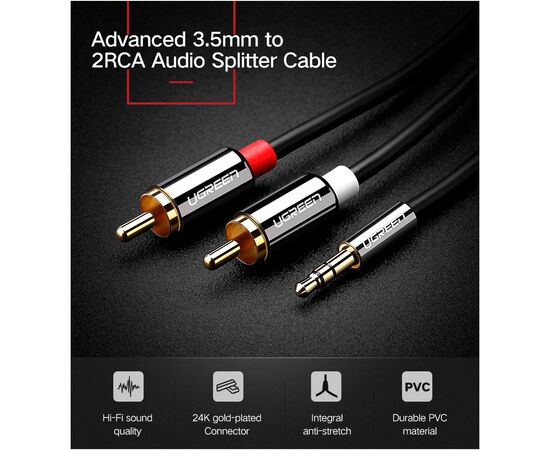 Кабель мультимедийный 3.5mm M to 2xRCA M 3.0m AV116 black Ugreen (10590), изображение 4 Кабель мультимедийный 3.5mm M to 2xRCA M 3.0m AV116 black Ugreen (10590), изображение 4