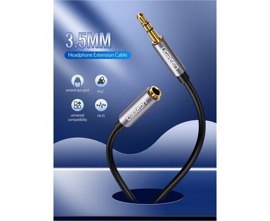 Кабель мультимедийный 3.5mm M to 3.5mm F 1.5m AV118 gray Ugreen (10593), изображение 3