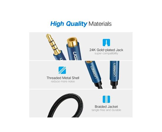 Кабель мультимедийный 3.5mm M to 3.5mm F 1.0m AV118 blue Ugreen (40673), изображение 8