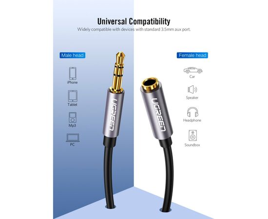 Кабель мультимедийный 3.5mm M to 3.5mm F 1.0m AV118 gray Ugreen (10592), изображение 4 Кабель мультимедийный 3.5mm M to 3.5mm F 1.0m AV118 gray Ugreen (10592), изображение 4