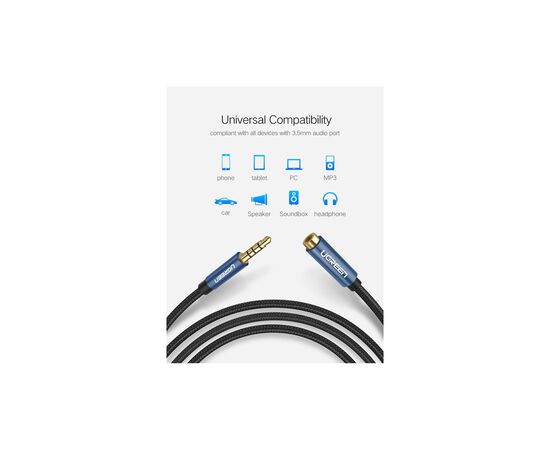 Кабель мультимедийный 3.5mm M to 3.5mm F 2.0m AV118 blue Ugreen (40675), изображение 3