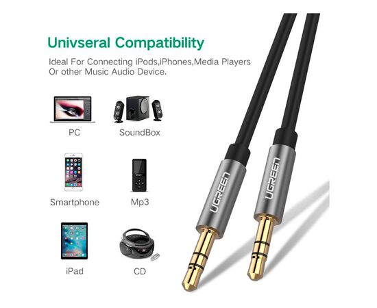 Кабель мультимедийный 3.5mm M to 3.5mm M 0.5m AV119 black Ugreen (10732), изображение 6 Кабель мультимедийный 3.5mm M to 3.5mm M 0.5m AV119 black Ugreen (10732), изображение 6