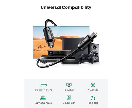 Кабель мультимедийный Optical Toslink 1.5m AV122 black Ugreen (70891), изображение 2 Кабель мультимедийный Optical Toslink 1.5m AV122 black Ugreen (70891), изображение 2