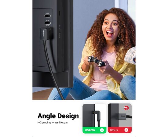 Кабель мультимедийный HDMI M to HDMI M 2.0m 90° corner HD103 black Ugreen (10173), изображение 3