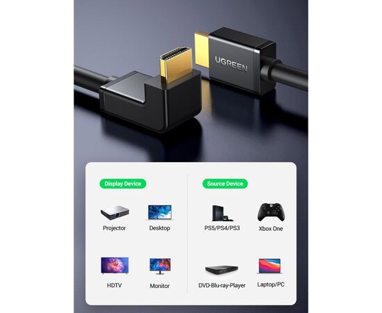 Кабель мультимедийный HDMI M to HDMI M 2.0m 90° corner HD103 black Ugreen (10173), изображение 6