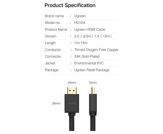 Кабель мультимедийный HDMI M to HDMI M 1.5m HD104 black Ugreen (60820), изображение 5