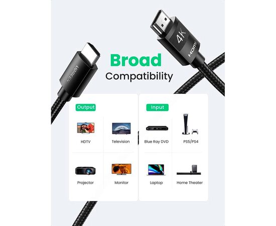 Кабель мультимедийный HDMI M to HDMI M 10.0m 4K30Hz braided HD119 black Ugreen (40104), изображение 5 Кабель мультимедийный HDMI M to HDMI M 10.0m 4K30Hz braided HD119 black Ugreen (40104), изображение 5
