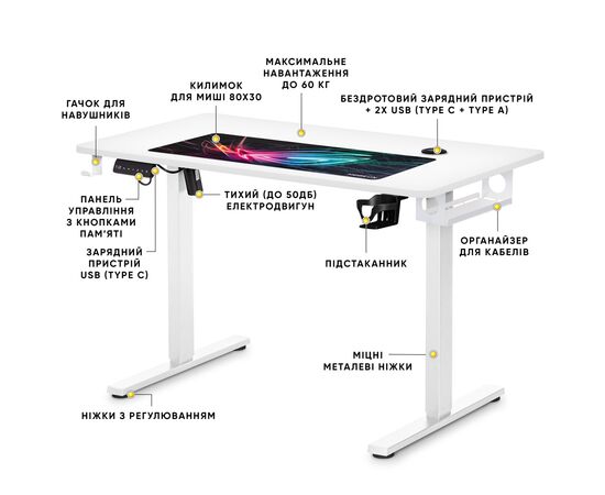 Компьютерный стол Mealux PowerDesk Energy White з електрорегулюванням висоти (EVO-201 Energy W/W), изображение 2 Компьютерный стол Mealux PowerDesk Energy White з електрорегулюванням висоти (EVO-201 Energy W/W), изображение 2