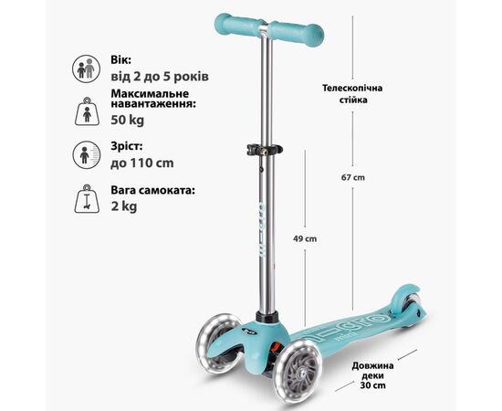 Самокат Micro Mini Deluxe Glow LED льодовик аква (MMD218), изображение 5 Самокат Micro Mini Deluxe Glow LED льодовик аква (MMD218), изображение 5