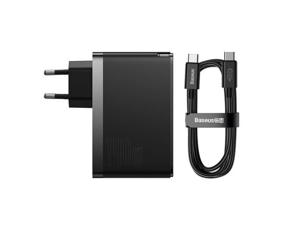 Зарядний пристрій Baseus 2xUSB-C 140W + 1xUSB GaN + cable USB-C to USB-C black (CCGP100201), зображення 4 Зарядний пристрій Baseus 2xUSB-C 140W + 1xUSB GaN + cable USB-C to USB-C black (CCGP100201), зображення 4