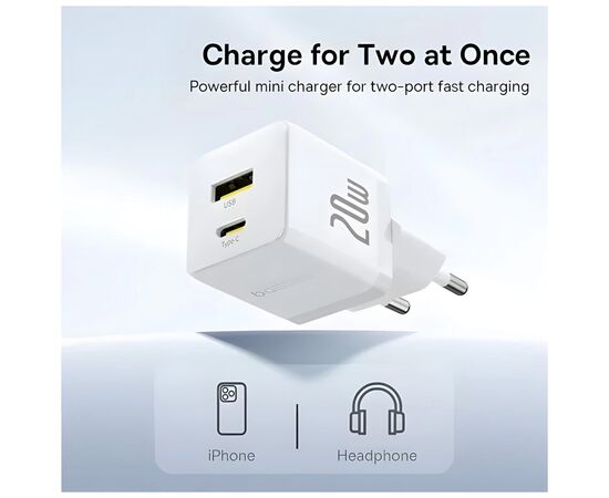 Зарядний пристрій Baseus 1xUSB-C 20W + 1xUSB white + cable USB-C to USB-C 60W 1.0m (P10111608213-01), зображення 7 Зарядний пристрій Baseus 1xUSB-C 20W + 1xUSB white + cable USB-C to USB-C 60W 1.0m (P10111608213-01), зображення 7