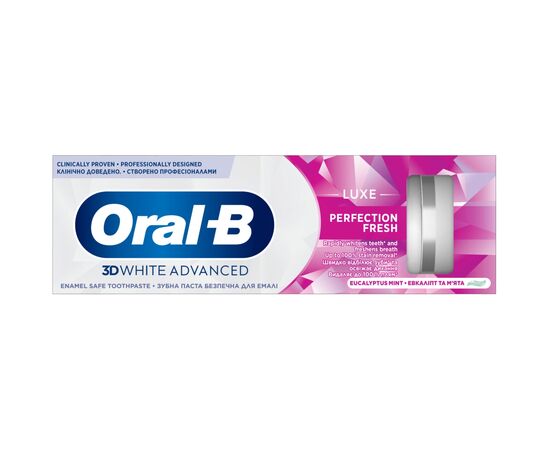Зубна паста Oral-B 3D White Advanced Luxe Perfection Прохолода м'яти та евкаліпту 75 мл (8700216922739), зображення 2 Зубна паста Oral-B 3D White Advanced Luxe Perfection Прохолода м'яти та евкаліпту 75 мл (8700216922739), зображення 2