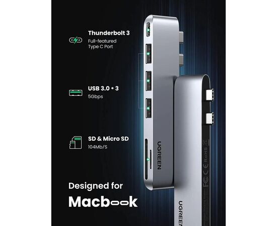 Концентратор Ugreen 2xUSB-C to 3xUSB 3.0 + SD/TF + PD CM251 gray (60560), изображение 2 Концентратор Ugreen 2xUSB-C to 3xUSB 3.0 + SD/TF + PD CM251 gray (60560), изображение 2