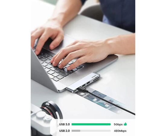 Концентратор Ugreen 2xUSB-C to 3xUSB 3.0 + SD/TF + PD CM251 gray (60560), изображение 3 Концентратор Ugreen 2xUSB-C to 3xUSB 3.0 + SD/TF + PD CM251 gray (60560), изображение 3