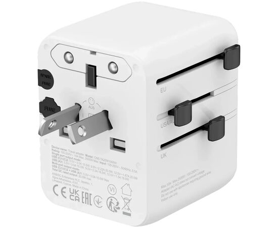 Зарядное устройство Canyon OnTour 20 2xUCB-C + USB-A EU/UK/US/AUS 20W White (CNS-TA20W1005W), изображение 4 Зарядное устройство Canyon OnTour 20 2xUCB-C + USB-A EU/UK/US/AUS 20W White (CNS-TA20W1005W), изображение 4