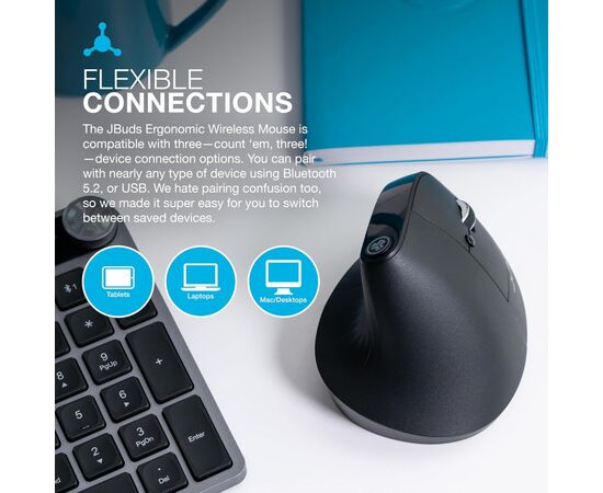 Мышка Jlab JBuds Vertical Ergonomic Wireless Black (IEUMJBERGORBLK82), изображение 10 Мышка Jlab JBuds Vertical Ergonomic Wireless Black (IEUMJBERGORBLK82), изображение 10