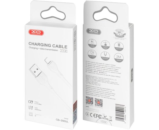 Дата кабель USB 2.0 AM to Lightning 2.0m 2.1A white XO (CB-200UL), изображение 3 Дата кабель USB 2.0 AM to Lightning 2.0m 2.1A white XO (CB-200UL), изображение 3