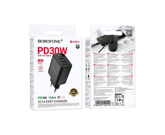 Зарядное устройство BOROFONE BA98A 2xUSB-C PD30W + 1xUSB 18W digital display black (6941991120510), изображение 2 Зарядное устройство BOROFONE BA98A 2xUSB-C PD30W + 1xUSB 18W digital display black (6941991120510), изображение 2