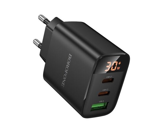 Зарядное устройство BOROFONE BA98A 2xUSB-C PD30W + 1xUSB 18W digital display black (6941991120510), изображение 3 Зарядное устройство BOROFONE BA98A 2xUSB-C PD30W + 1xUSB 18W digital display black (6941991120510), изображение 3