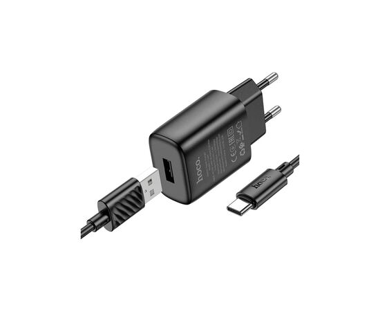 Зарядное устройство HOCO C134A USB + cable USB to USB-C 2.4A black (6942007621359), изображение 2 Зарядное устройство HOCO C134A USB + cable USB to USB-C 2.4A black (6942007621359), изображение 2