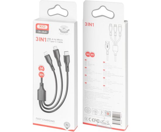 Дата кабель USB 2.0 AM to Lightning + Micro 5P + USB-C 3A black XO (CB-23U3-BK), изображение 3 Дата кабель USB 2.0 AM to Lightning + Micro 5P + USB-C 3A black XO (CB-23U3-BK), изображение 3