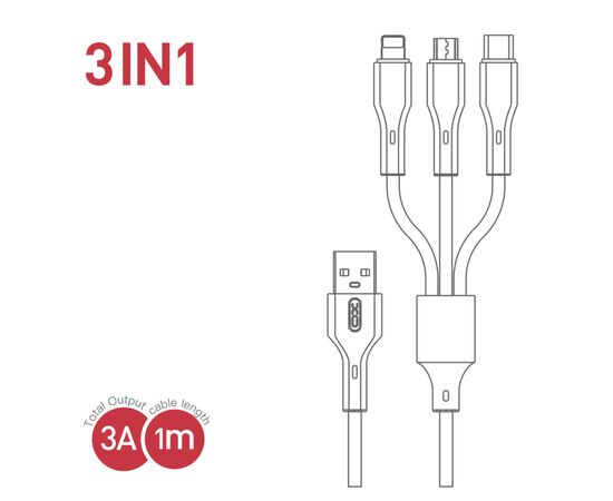 Дата кабель USB 2.0 AM to Lightning + Micro 5P + USB-C 3A black XO (CB-23U3-BK), изображение 4 Дата кабель USB 2.0 AM to Lightning + Micro 5P + USB-C 3A black XO (CB-23U3-BK), изображение 4