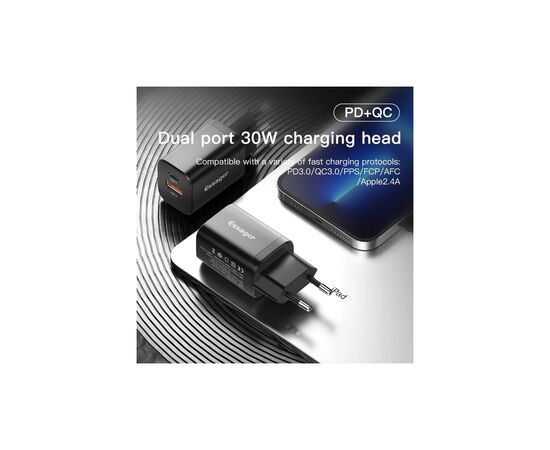 Зарядное устройство Essager 1xUSB + 1xUSB-C PD30W black (ECTPQS-ZTB01), изображение 3 Зарядное устройство Essager 1xUSB + 1xUSB-C PD30W black (ECTPQS-ZTB01), изображение 3