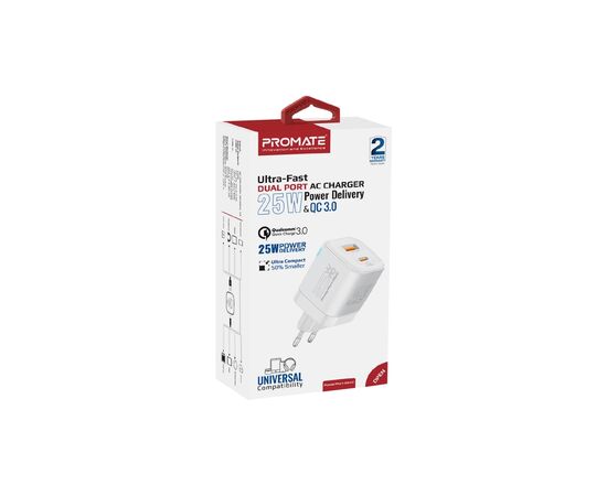 Зарядное устройство Promate USBC PD25W + USBA QC3.0 18W White (powerport-25ac.white), изображение 2 Зарядное устройство Promate USBC PD25W + USBA QC3.0 18W White (powerport-25ac.white), изображение 2