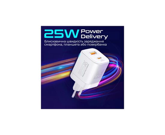 Зарядное устройство Promate USBC PD25W + USBA QC3.0 18W White (powerport-25ac.white), изображение 4 Зарядное устройство Promate USBC PD25W + USBA QC3.0 18W White (powerport-25ac.white), изображение 4
