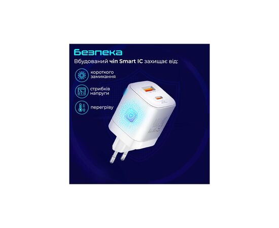 Зарядное устройство Promate USBC PD25W + USBA QC3.0 18W White (powerport-25ac.white), изображение 7 Зарядное устройство Promate USBC PD25W + USBA QC3.0 18W White (powerport-25ac.white), изображение 7