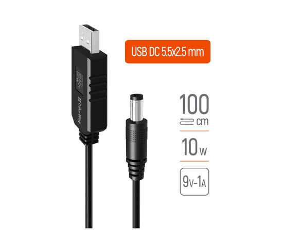 Кабель питания USB to DC 5.5x2.5mm 9V 1.0m black ColorWay (CW-CBUD066-BK)
