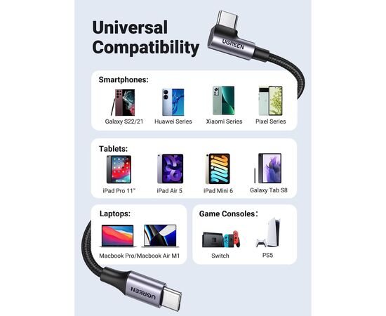 Дата кабель USB-C to USB-C 0.5m 3A 60W 90° corner US255 black/gray Ugreen (50122), изображение 7