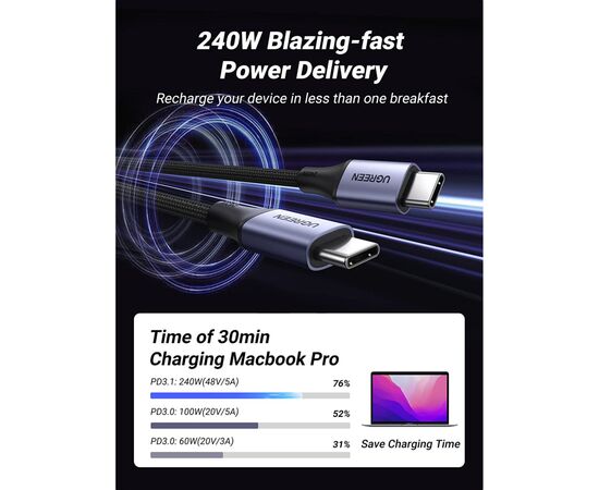 Дата кабель USB-C to USB-C 1.0m 240W US535 space gray Ugreen (15311), изображение 2