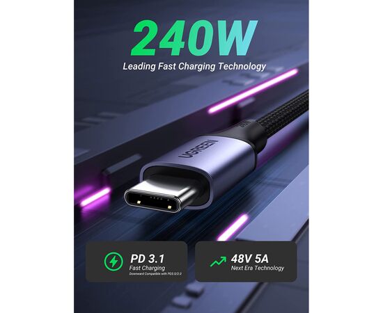 Дата кабель USB-C to USB-C 1.0m 240W US535 space gray Ugreen (15311), изображение 3