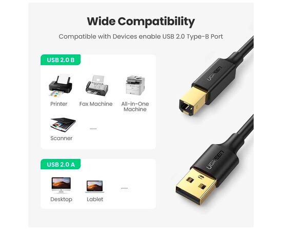 Кабель для принтера USB 2.0 AM/BM 3.0m US135 black Ugreen (10351), изображение 5