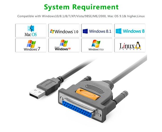 Кабель для принтера USB 2.0 to DB25 2.0m US167 black Ugreen (20224), изображение 12